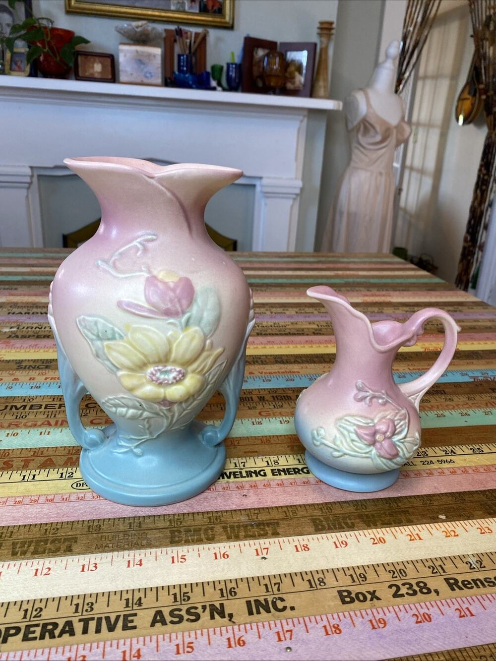 Vintage 2 HULL ART POTTERY Pink WILD FLOWER Vase Pitcher 2 PC 2X5 8.5 Inches USA